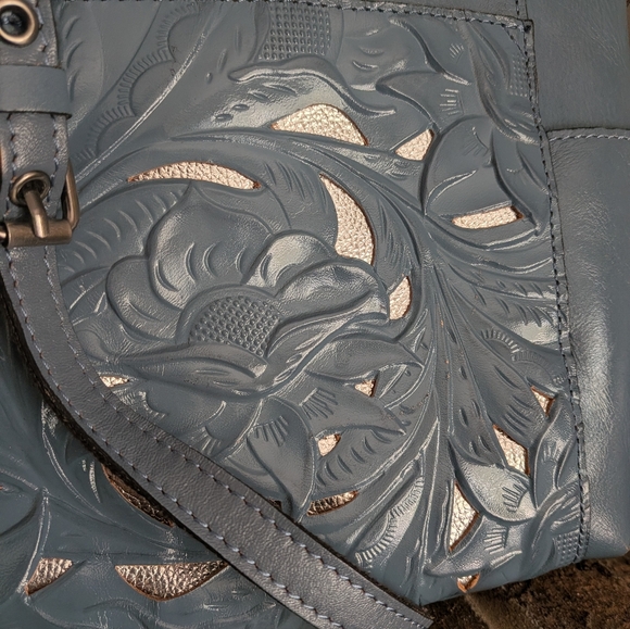 Patricia Nash Tooled Leather Crossbody – Dusty Blue Floral w/ Metallic - Picture 2 of 16